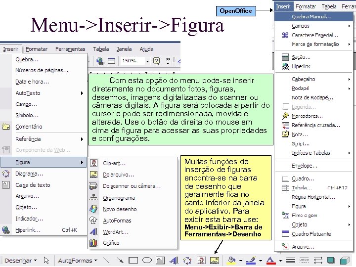 Open. Office Menu->Inserir->Figura Com esta opção do menu pode-se inserir diretamente no documento fotos,