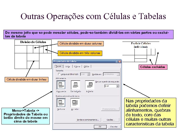 Outras Operações com Células e Tabelas Do mesmo jeito que se pode mesclar células,