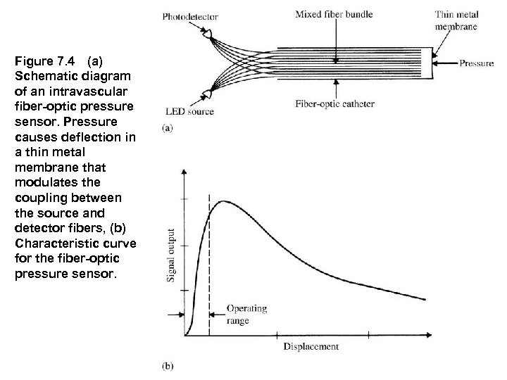Figure 7. 4 (a) Schematic diagram of an intravascular fiber optic pressure sensor. Pressure causes