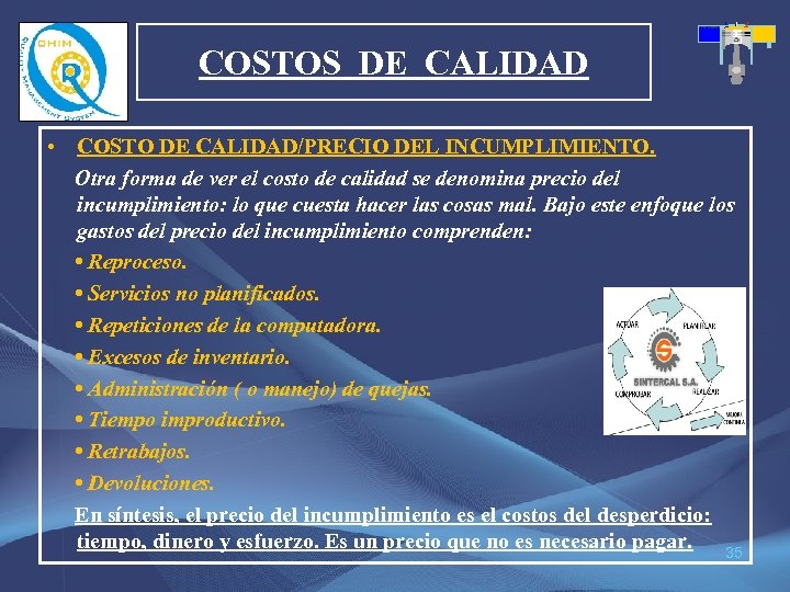 COSTOS DE CALIDAD • COSTO DE CALIDAD/PRECIO DEL INCUMPLIMIENTO. Otra forma de ver el