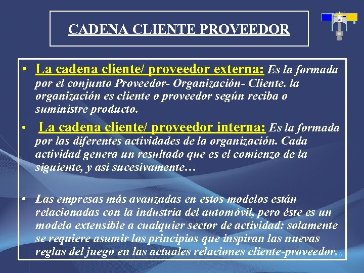 CADENA CLIENTE PROVEEDOR • La cadena cliente/ proveedor externa: Es la formada por el