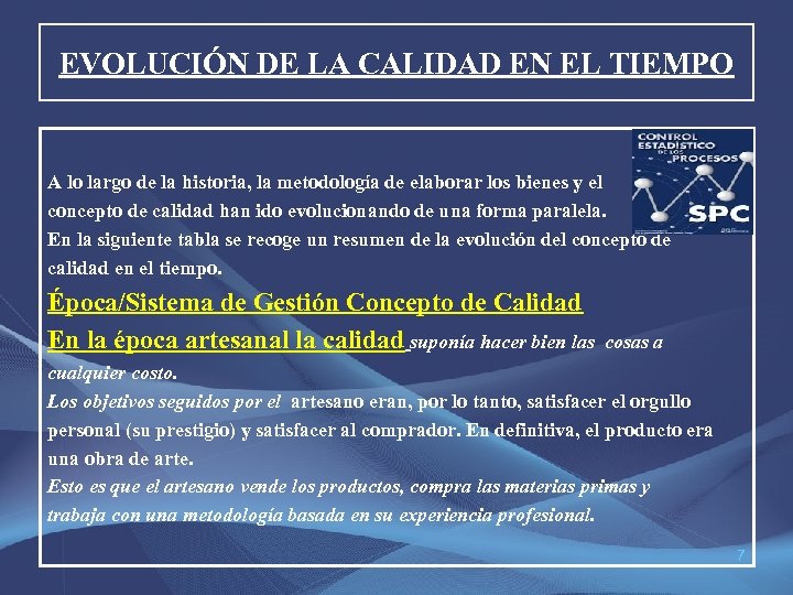 EVOLUCIÓN DE LA CALIDAD EN EL TIEMPO A lo largo de la historia, la