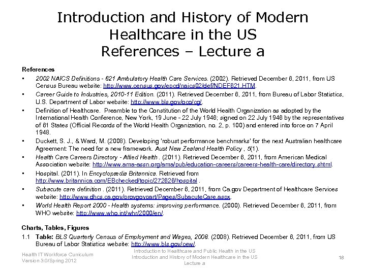 Introduction and History of Modern Healthcare in the US References – Lecture a References