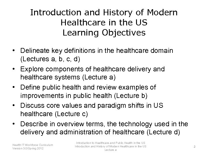 Introduction and History of Modern Healthcare in the US Learning Objectives • Delineate key