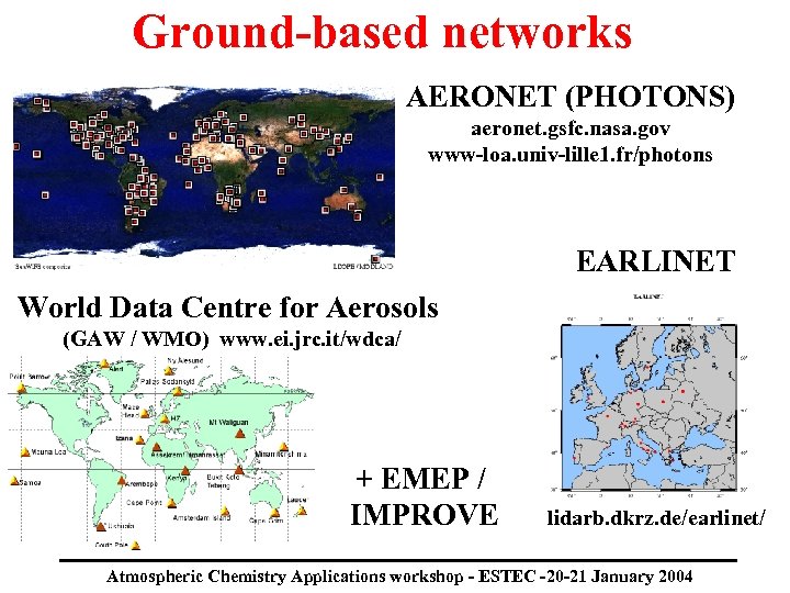 Ground-based networks AERONET (PHOTONS) aeronet. gsfc. nasa. gov www-loa. univ-lille 1. fr/photons EARLINET World