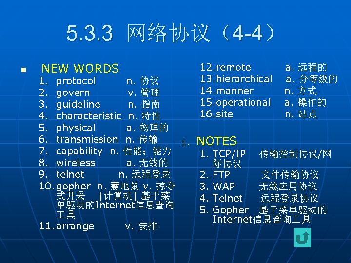 5. 3. 3 网络协议（4 -4） n NEW WORDS 1. protocol n. 协议 2. govern