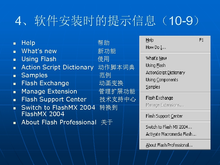 4、软件安装时的提示信息（10 -9） n n n n n Help 帮助 What’s new 新功能 Using Flash