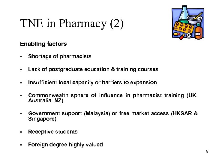 TNE in Pharmacy (2) Enabling factors § Shortage of pharmacists § Lack of postgraduate