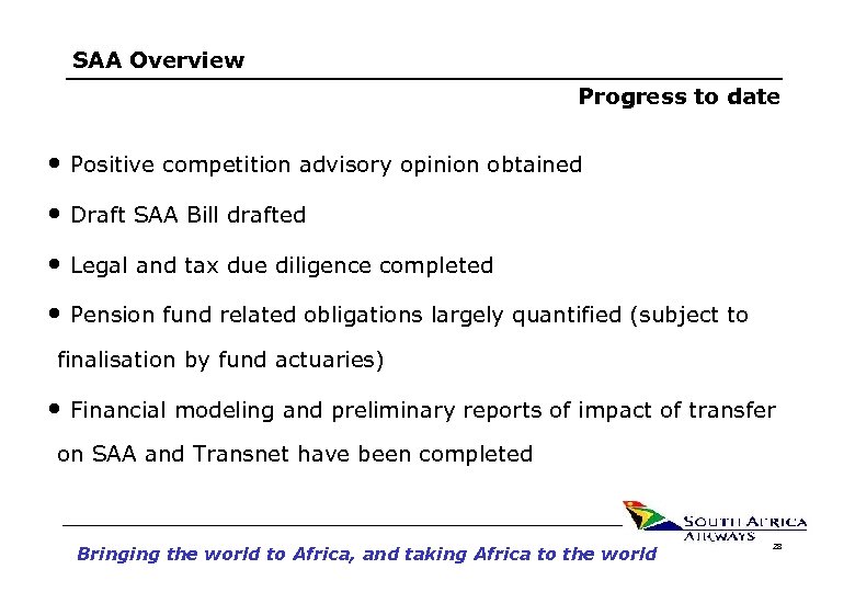 SAA Overview Progress to date • Positive competition advisory opinion obtained • Draft SAA