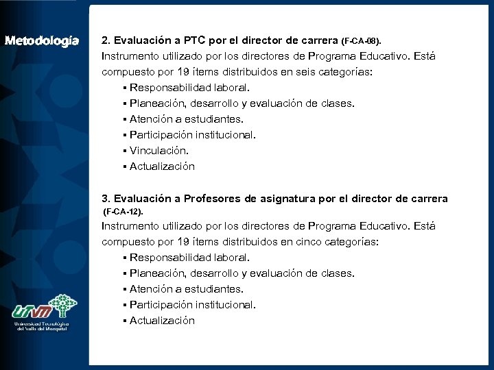 Metodología 2. Evaluación a PTC por el director de carrera (F-CA-08). Instrumento utilizado por
