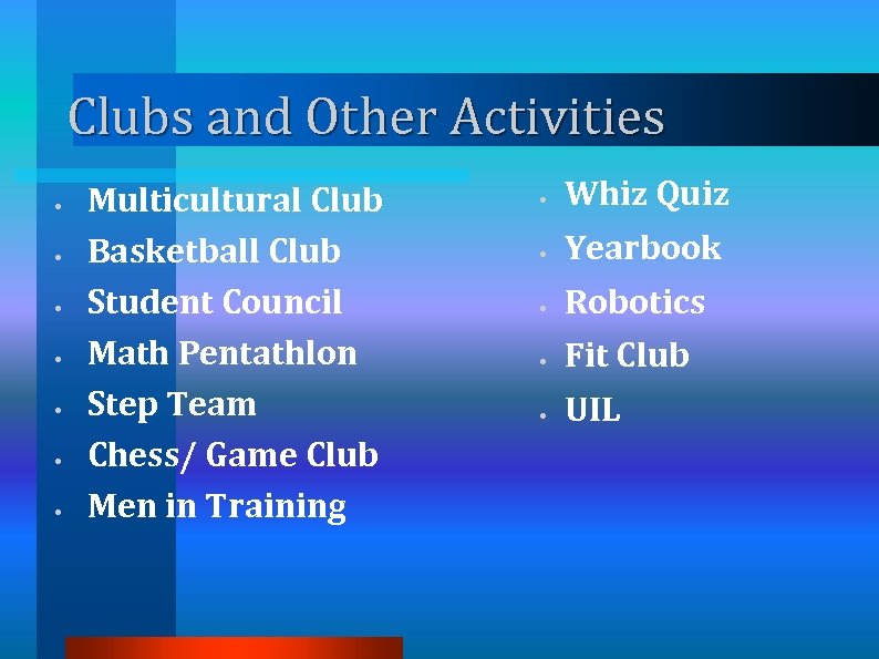 Clubs and Other Activities • • Multicultural Club Basketball Club Student Council Math Pentathlon