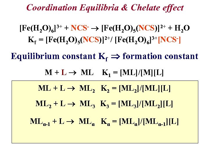 Coordination Equilibria & Chelate effect [Fe(H 2 O)6]3+ + NCS- [Fe(H 2 O)5(NCS)]2+ +