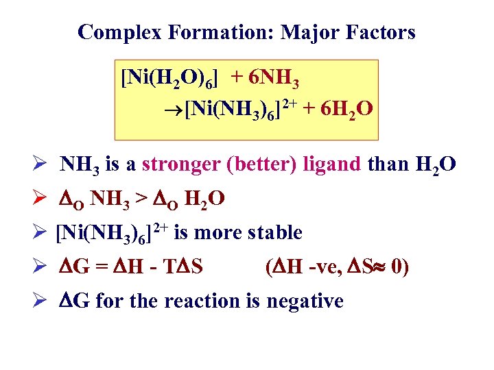 Complex Formation: Major Factors [Ni(H 2 O)6] + 6 NH 3 [Ni(NH 3)6]2+ +