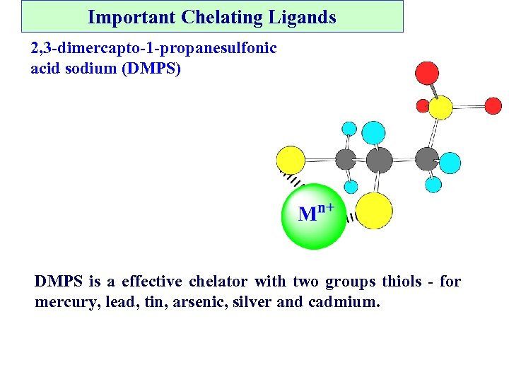 Important Chelating Ligands 2, 3 -dimercapto-1 -propanesulfonic acid sodium (DMPS) DMPS is a effective