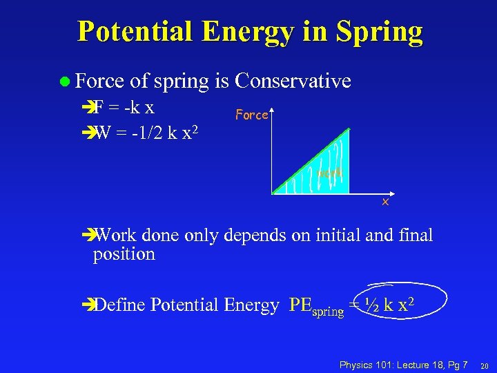 Potential Energy in Spring l Force of spring is Conservative è = -k x