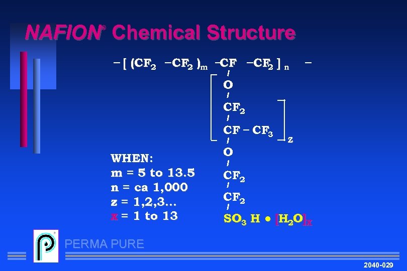 NAFION Chemical Structure ® [ (CF 2 )m CF CF ] n 2 O