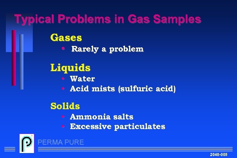 Typical Problems in Gas Samples Gases • Rarely a problem Liquids • Water •