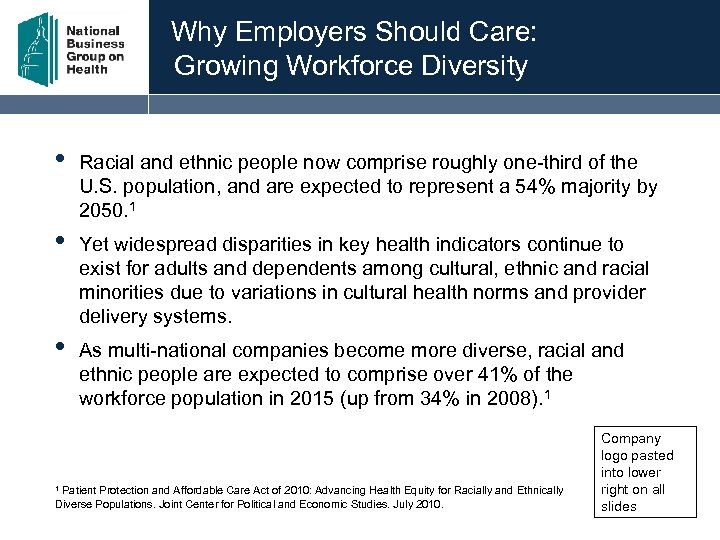 Why Employers Should Care: Growing Workforce Diversity • Racial and ethnic people now comprise