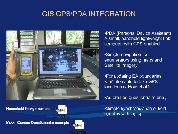 GIS GPS/PDA INTEGRATION • PDA (Personal Device Assistant) A small, handheld lightweight field computer