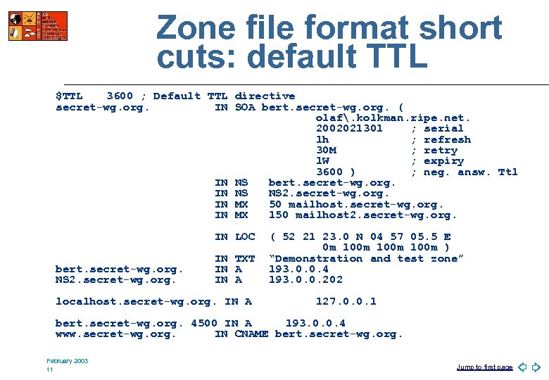 Zone file format short cuts: default TTL $TTL 3600 ; Default TTL directive secret-wg.