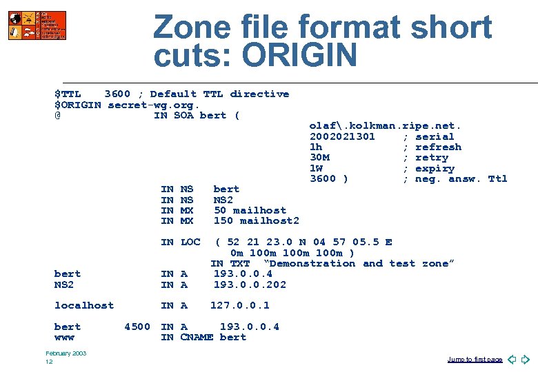 Zone file format short cuts: ORIGIN $TTL 3600 ; Default TTL directive $ORIGIN secret-wg.
