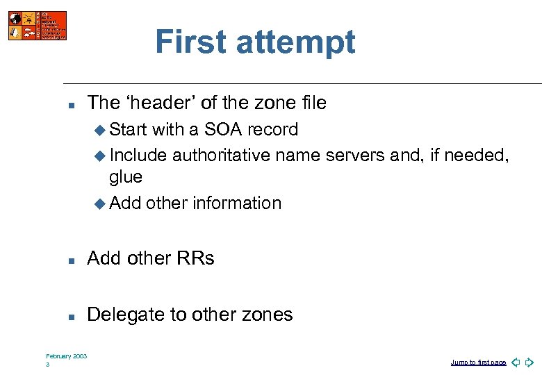 First attempt n The ‘header’ of the zone file u Start with a SOA