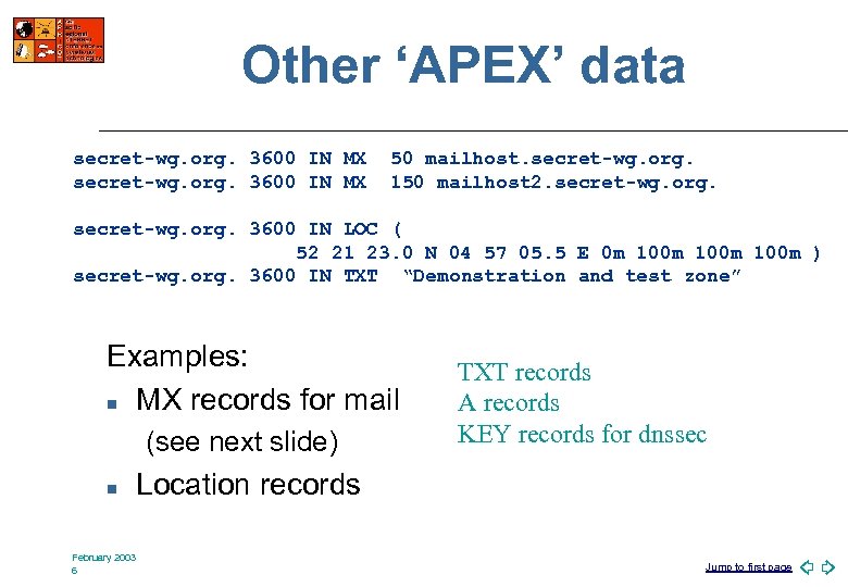 Other ‘APEX’ data secret-wg. org. 3600 IN MX 50 mailhost. secret-wg. org. 150 mailhost