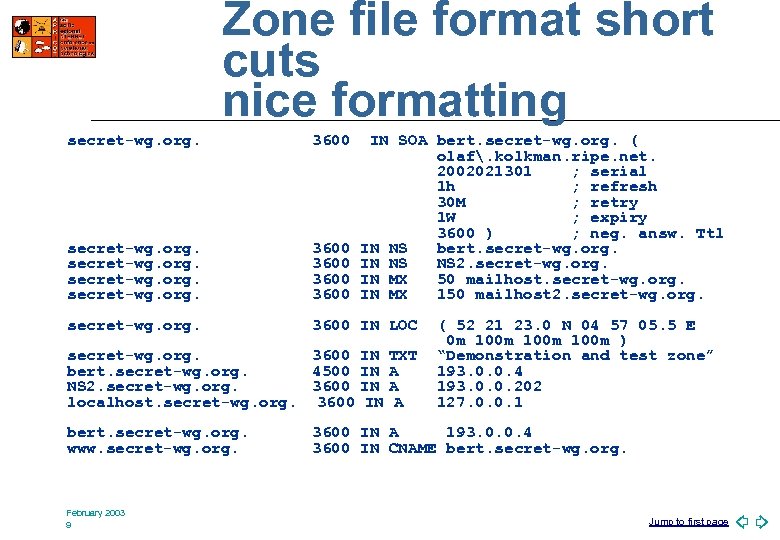 Zone file format short cuts nice formatting secret-wg. org. 3600 IN SOA bert. secret-wg.