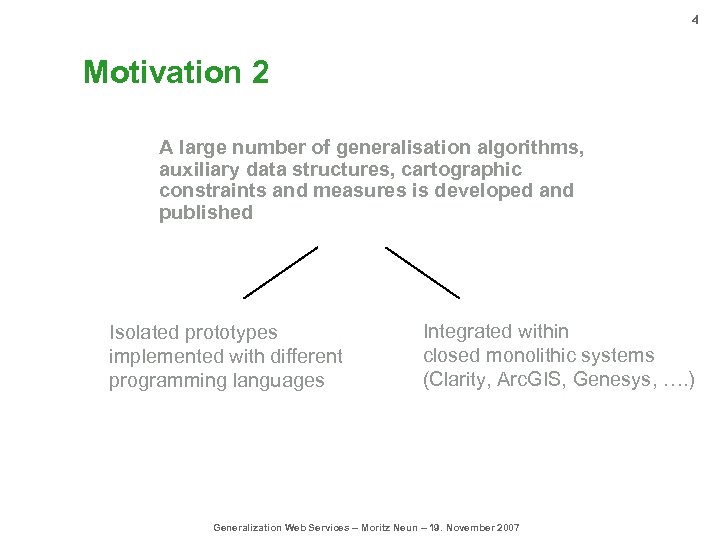 4 Motivation 2 A large number of generalisation algorithms, auxiliary data structures, cartographic constraints