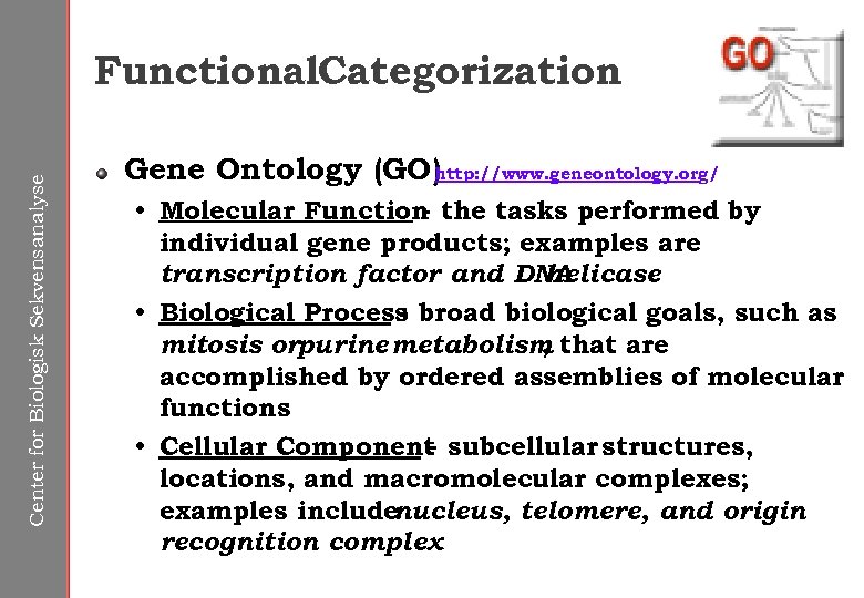 Center for Biologisk Sekvensanalyse Functional. Categorization Gene Ontology (GO) http: //www. geneontology. org/ •