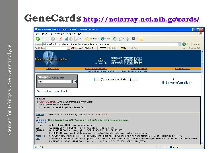 Center for Biologisk Sekvensanalyse Gene. Cards http: //nciarray. nci. nih. gov /cards/ 