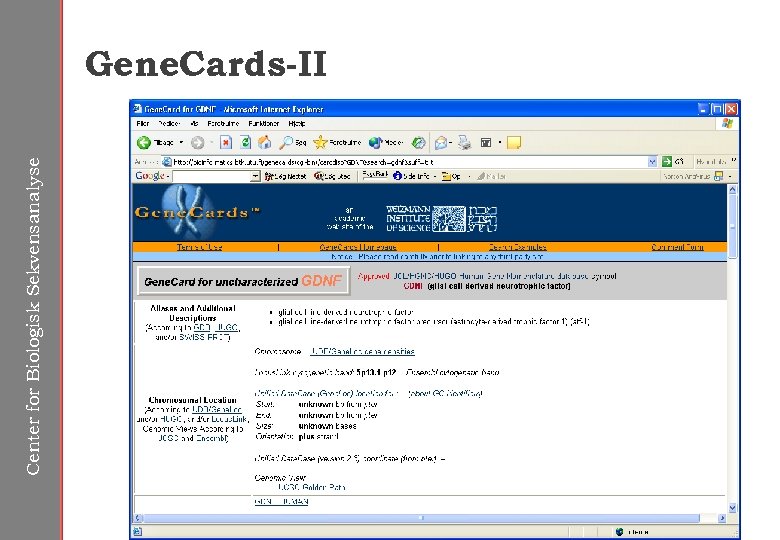 Center for Biologisk Sekvensanalyse Gene. Cards-II 