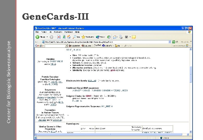 Center for Biologisk Sekvensanalyse Gene. Cards-III 
