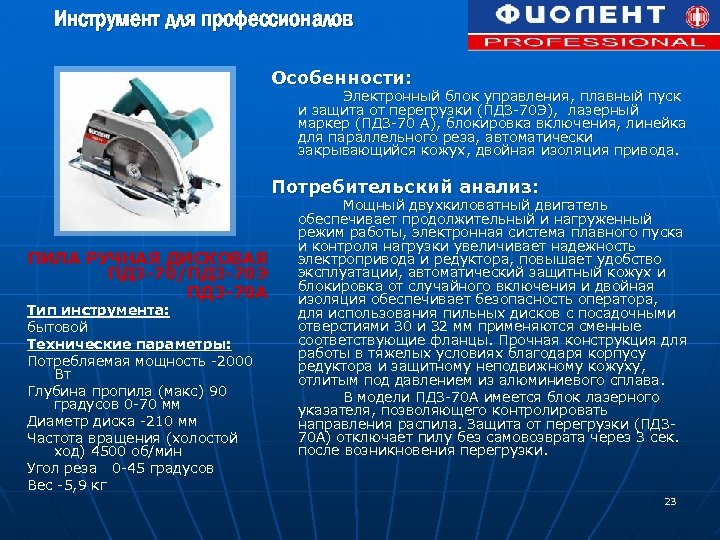 Инструмент для профессионалов Особенности: Электронный блок управления, плавный пуск и защита от перегрузки (ПД