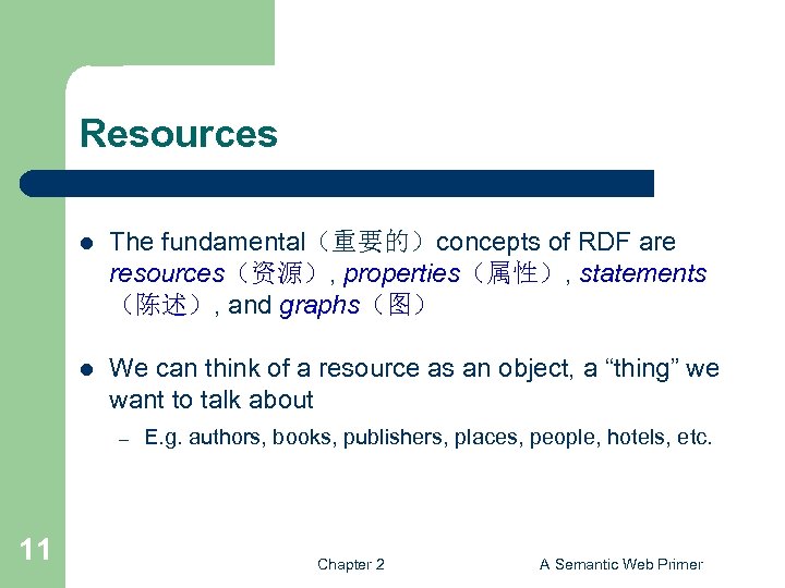 Resources l The fundamental（重要的）concepts of RDF are resources（资源）, properties（属性）, statements （陈述）, and graphs（图） l