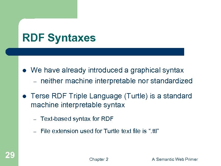 RDF Syntaxes l We have already introduced a graphical syntax – neither machine interpretable