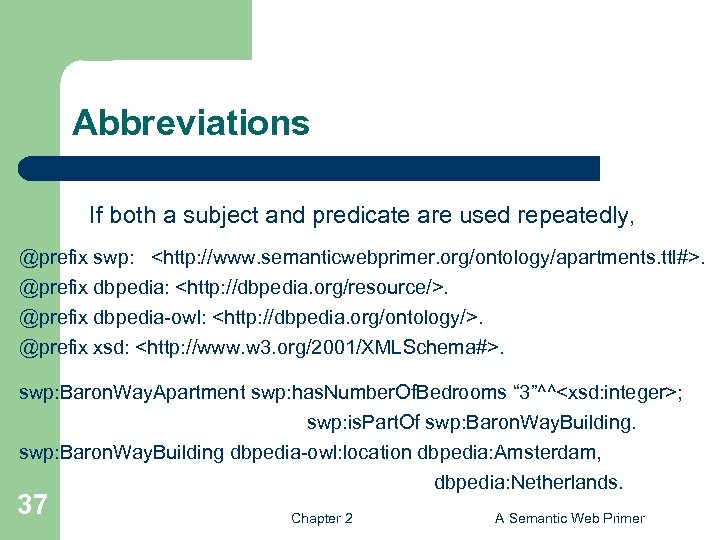 Abbreviations If both a subject and predicate are used repeatedly, @prefix swp: <http: //www.