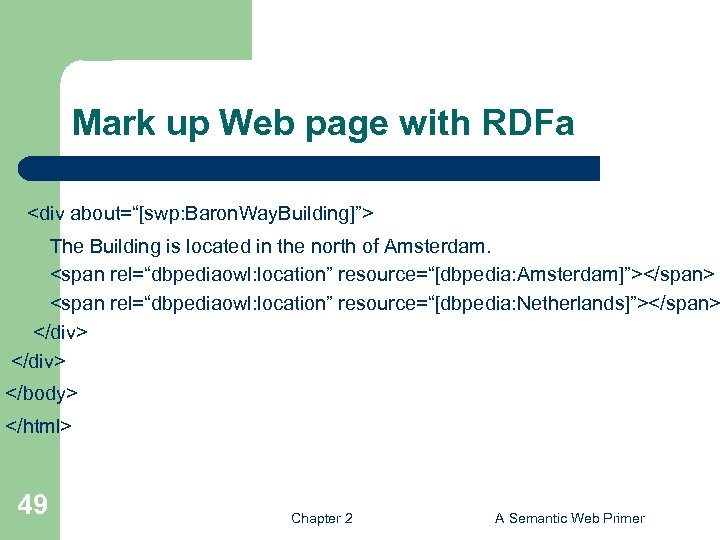 Mark up Web page with RDFa <div about=“[swp: Baron. Way. Building]”> The Building is
