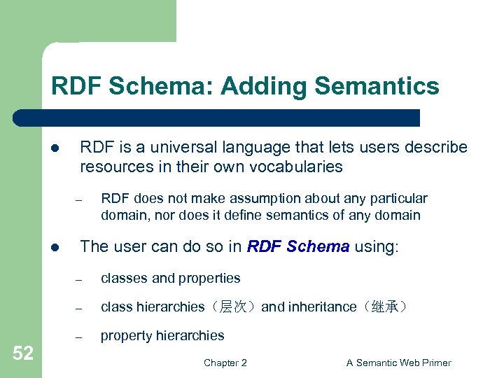RDF Schema: Adding Semantics l RDF is a universal language that lets users describe