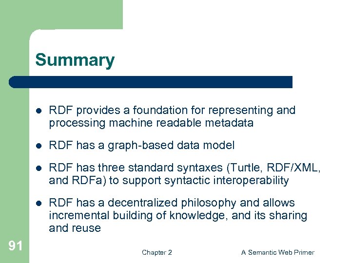 Summary l l RDF has a graph-based data model l RDF has three standard