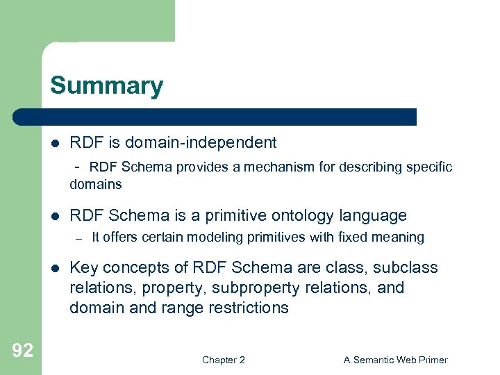 Summary l RDF is domain-independent - RDF Schema provides a mechanism for describing specific