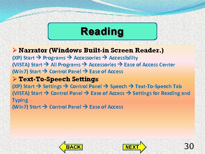 Reading Ø Narrator (Windows Built-in Screen Reader. ) (XP) Start Programs Accessories Accessibility (VISTA)