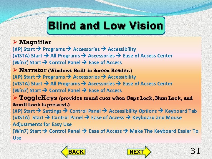 Blind and Low Vision Ø Magnifier (XP) Start Programs Accessories Accessibility (VISTA) Start All