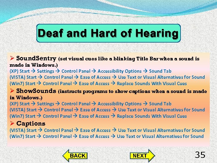 Deaf and Hard of Hearing Ø Sound. Sentry (set visual cues like a blinking