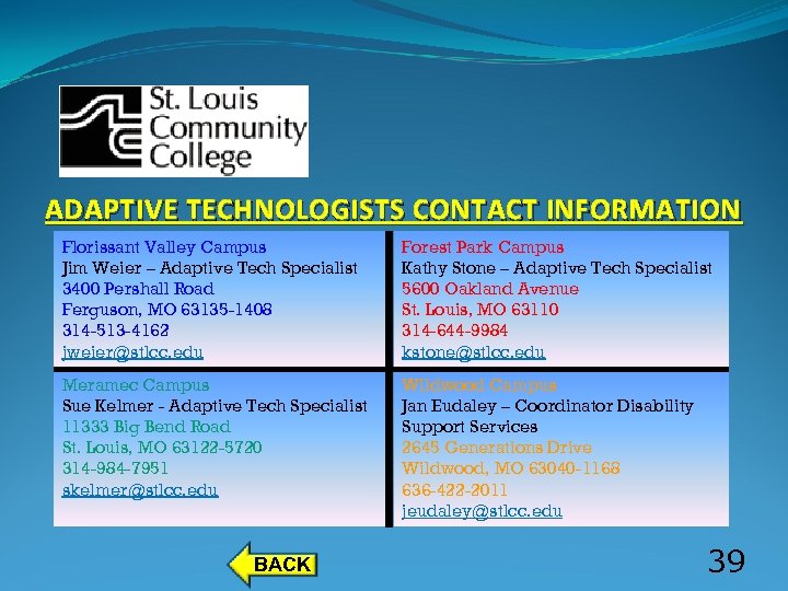 ADAPTIVE TECHNOLOGISTS CONTACT INFORMATION Florissant Valley Campus Jim Weier – Adaptive Tech Specialist 3400