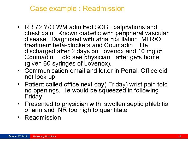 Case example : Readmission • RB 72 Y/O WM admitted SOB , palpitations and