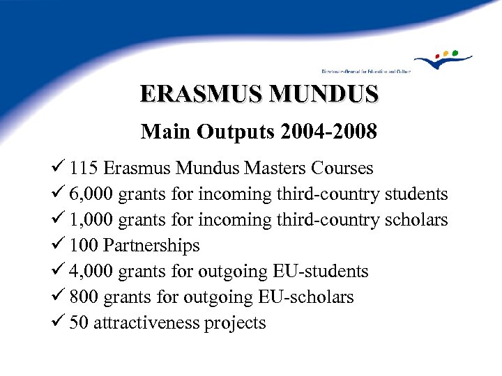 ERASMUS MUNDUS Main Outputs 2004 -2008 ü 115 Erasmus Mundus Masters Courses ü 6,