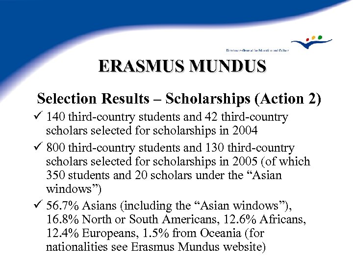 ERASMUS MUNDUS Selection Results – Scholarships (Action 2) ü 140 third-country students and 42