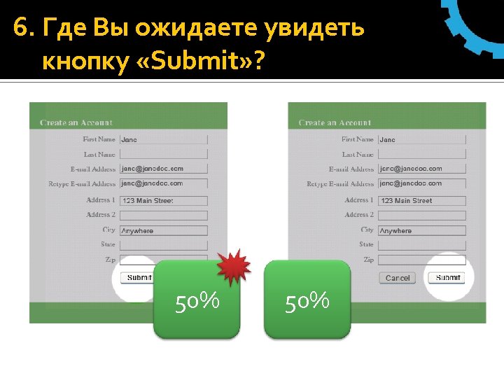 6. Где Вы ожидаете увидеть кнопку «Submit» ? 50% 