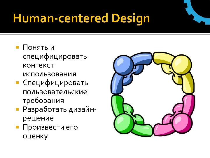 Human-centered Design Понять и специфицировать контекст использования Специфицировать пользовательские требования Разработать дизайнрешение Произвести его
